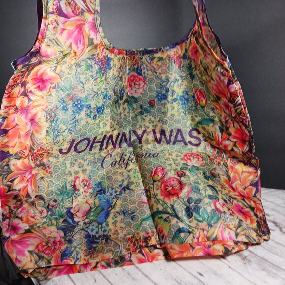 Johnny Was Shopping Tote Blue Pink Floral Reusable Packable 13x17" New - Picture 1 of 7